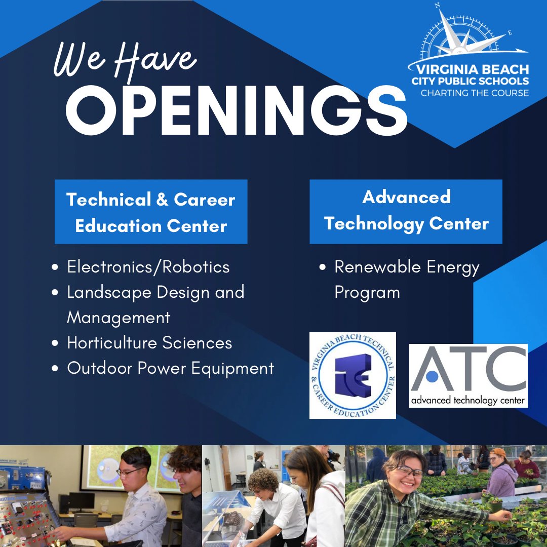 🌟 Unlock Your Potential!🌟 Calling all Virginia Beach students! (and families)🎓🌐💡 Are you ready to gain real-world skills? 🌊Let's dive into career and technical education (CTE)! 🚀 Don't miss out! There are still CTE program openings for the 2024-2025 school year.