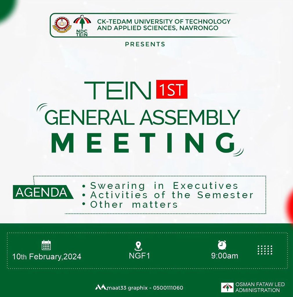 tein_utas's tweet photo. Fellow Akatamansonians,
TEIN-CKTUTAS is privilege to announce to us all about the upcoming G.A meeting.
This assembly serves as an essential platform for us to discuss key matters, deliberate on important decisions, and collectively shape the future #WeAllWant.
#Tein_cktutas https://t.co/xnKaTRFfBG