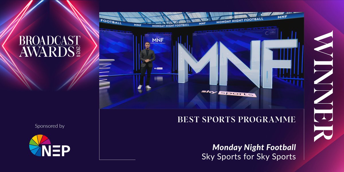 BroadcastAwards's tweet photo. Next up, the award for Best Sports Programme, sponsored by @NEP_UKI, and the winner is Monday Night Football, @SkyFootball for @SkySports. #BroadcastAwards #BA2024 https://t.co/Udq8siSaBY