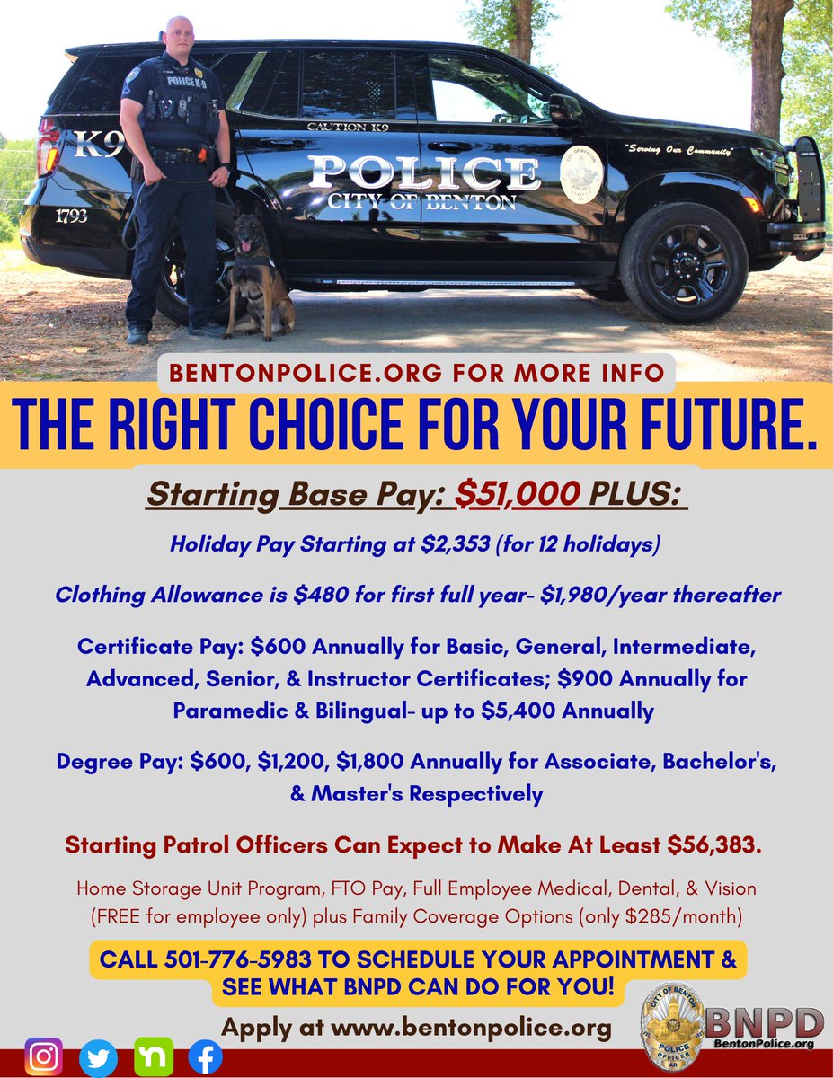 Visit bentonpolice.org for further details on requirements, salary and benefits and for application.

Written and PT testing can be scheduled for same day or at your convenience.

CERTIFIED &amp; FIRST-TIME officers are WELCOME TO APPLY! 

#BNPD #BeTheDifference #BentonProud