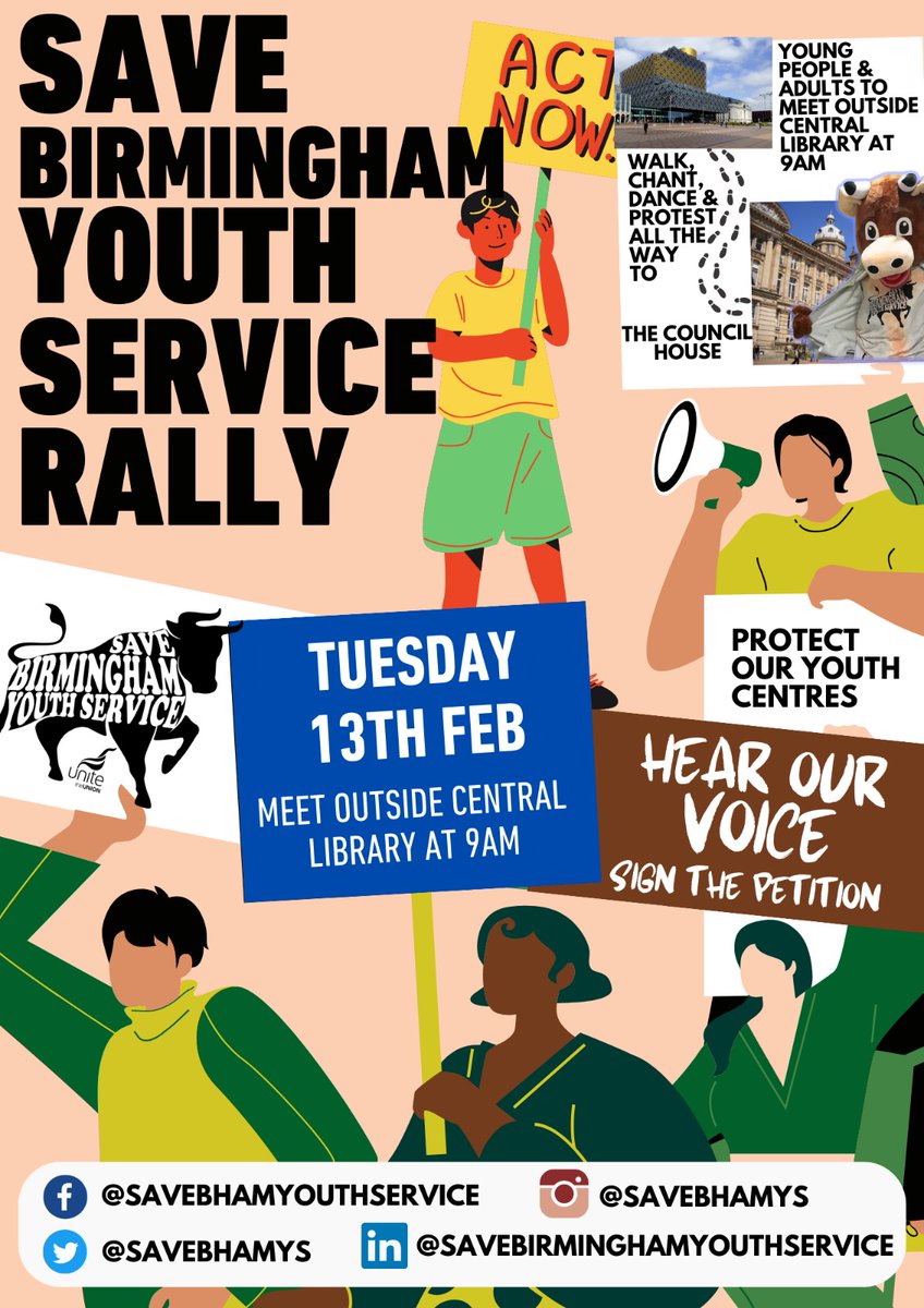 Join us next Tuesday morning and let the council know how important youth centre's staffed by fully trained professional youth workers are to you and Birmingham's young people.
Meet in Centenary Square at 9am.

#savebirminghamyouthservice #BirminghamCityCouncil
#youthwork