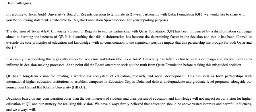 McGeeReports's tweet photo. New: The Qatar Foundation, which is run by the country's government, releases this statement about the A&amp;M system vote to wind down its Qatar campus https://t.co/YLLSFstjf4