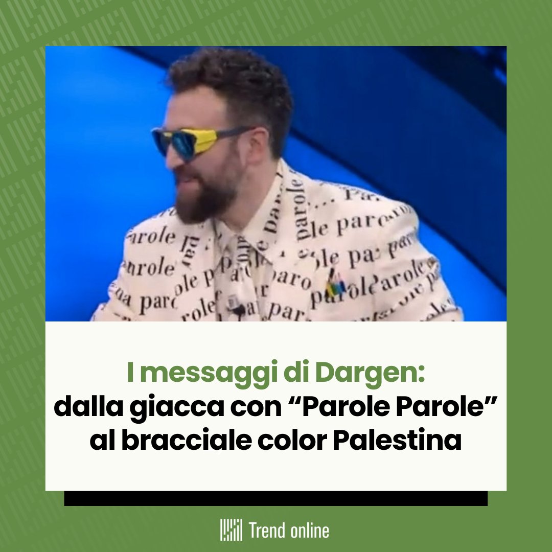 TrendOnline's tweet photo. ✊ Giacca con "Parole, Parole", occhiali color #Ucraina e bracciale con i colori della #Palestina: #dargendamico è una continua provocazione a #Sanremo2024.
E promette ancora sorprese nelle prossime serate 👀
#musica #news #trendonline https://t.co/VkJ2whcyND