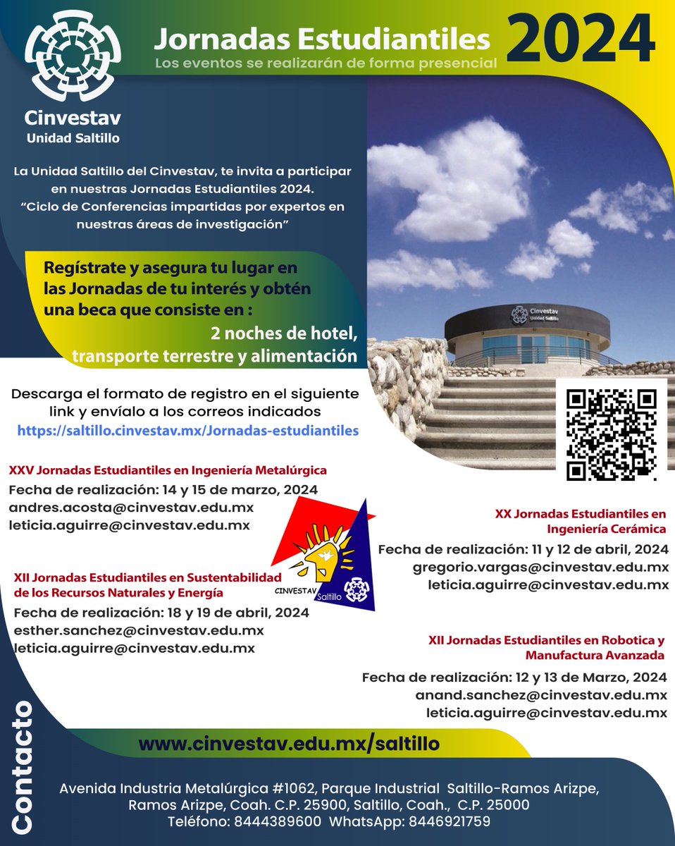 📷
cinvestavunidadsaltillo
Emocionados de compartir con ustedes que ya se encuentran abiertas las inscripciones para nuestro ciclo de jornadas estudiantiles 2024
#cinvestav #cinvestavsaltillo #jornadasestudiantiles #egresados