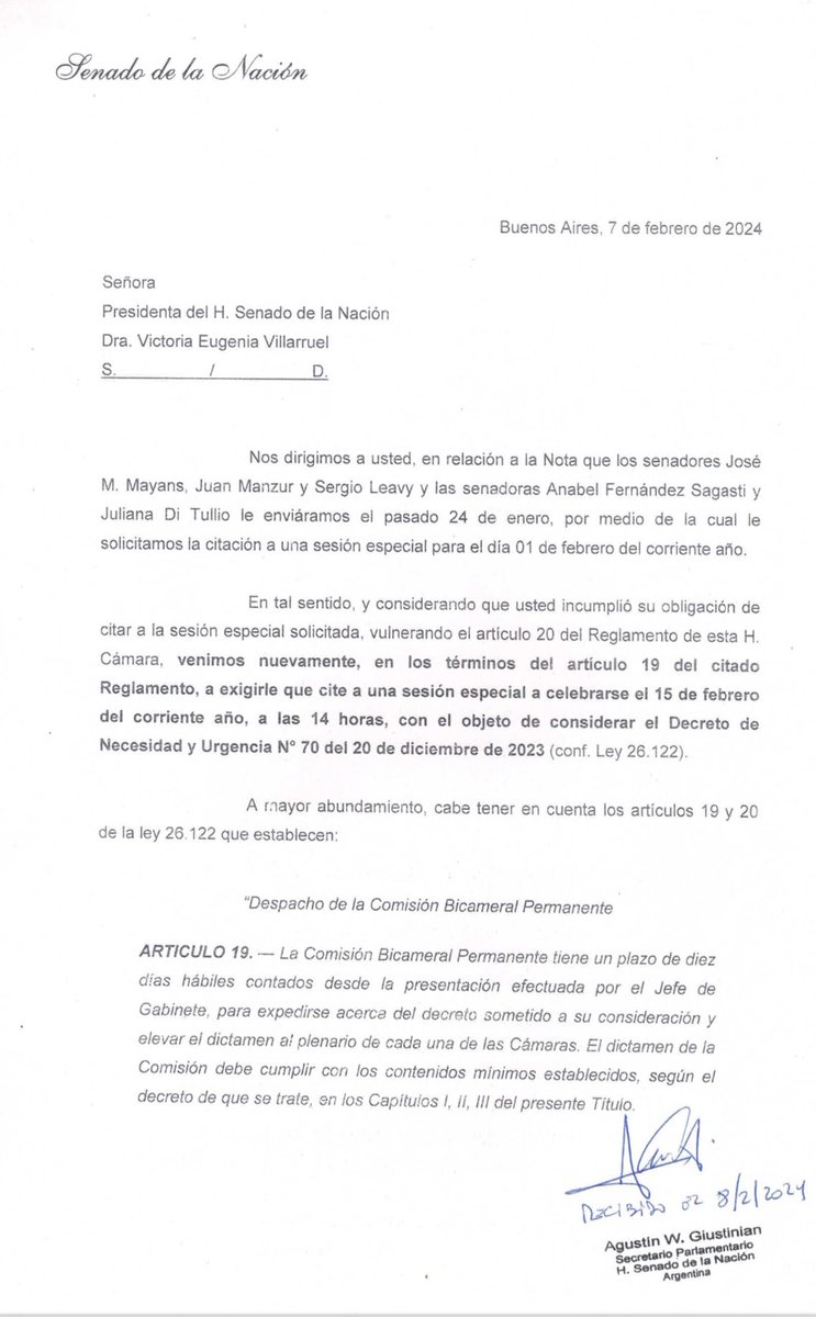 BJusticialistaS's tweet image. • Nuestro Interbloque vuelve a exigir a la Presidenta del @SenadoArgentina, @VickyVillarruel que convoque a Sesión Especial para tratar el DNU 70/23 y respete así los Art. 19 y 20 del Reglamento de nuestra Honorable Cámara 👇