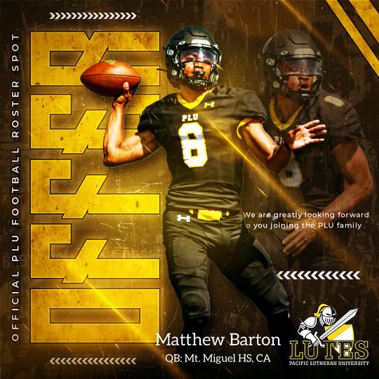 Matthew Barton (@barton_qb) on Twitter photo After a great conversation with <a href="/SpencerCrace/">Spencer Crace</a> and @coachvmakasi I am blessed to say I have received my 5th college offer! #GoLutes <a href="/Daygofootball/">San Diego Football</a> <a href="/MountMiguelFB/">Mount Miguel Football</a> After a great conversation with <a href="/SpencerCrace/">Spencer Crace</a> and @coachvmakasi I am blessed to say I have received my 5th college offer! #GoLutes <a href="/Daygofootball/">San Diego Football</a> <a href="/MountMiguelFB/">Mount Miguel Football</a>