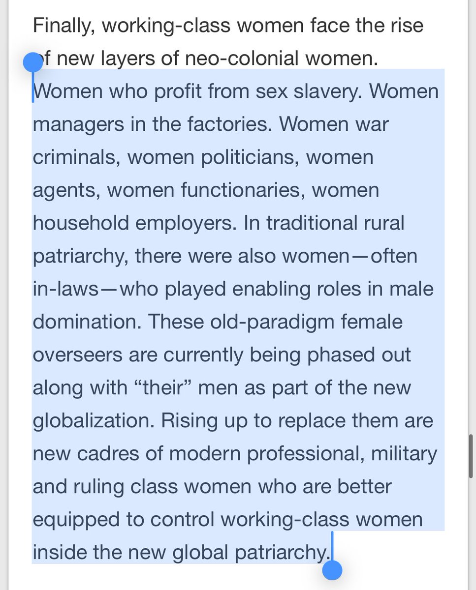 the new global patriarchy is one that has replaced the old-paradigm female overseers of male domination and class society with a set of women that have adapted to the current imperialist system. female war criminals, sex traffickers, factory managers, and agents are emerging.