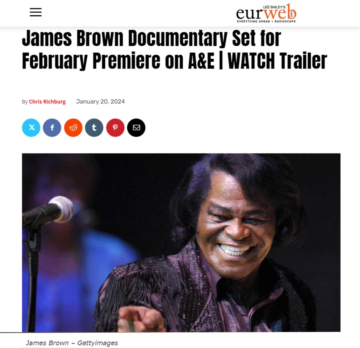 Celebrate #BHM with a great read by <a href="/eurweb/">EURweb</a> honoring the legacy of James Brown! Thanks  #ChrisRichburg for focus on the upcoming <a href="/AETV/">A&E</a> doc "James Brown: Say It Loud." Directed by the talented @atladgirl, 8pm ET 2/19 &amp; 2/20 EP by <a href="/MickJagger/">Mick Jagger</a> &amp; <a href="/questlove/">?st</a>  tinyurl.com/mweb69tb