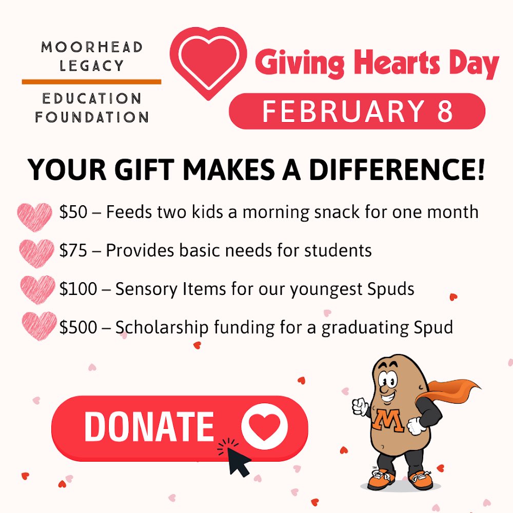 Today is @GivingHeartsDay! The Moorhead Legacy Education Foundation wants you to know that your generous contributions will make a positive impact, directly providing support to students and staff throughout our district. #OnceASpudAlwaysASpud Donate ➡️ app.givingheartsday.org/#/charity/563