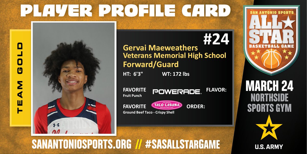 SA_Sports's tweet photo. Meet @Gervai2x from @HoopsVmhs who will compete in the San Antonio Sports All-Star Basketball Game at the Northside Sports Gym on March 24th! @usarmysatx #SASAllStarGame @USArmy #BeAllYouCanBe https://t.co/O7Ftwoh8jZ