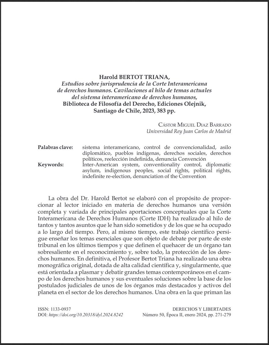 DeryLib's tweet photo. 📘 #RevistaDerechosyLibertades Nº 50 (2024) @idhbc_uc3m @uc3m @dykinsonlibros

📣 Hoy en la sección #Recensiones 🖋️ “Estudios sobre jurisprudencia de la Corte Interamericana de derechos humanos” de @BertotHarold a cargo de #CástorDiaz

⬇️¡Léelo aquí!⬇️
🔗 https://t.co/KutGcS2NyJ https://t.co/wccslGeWnI