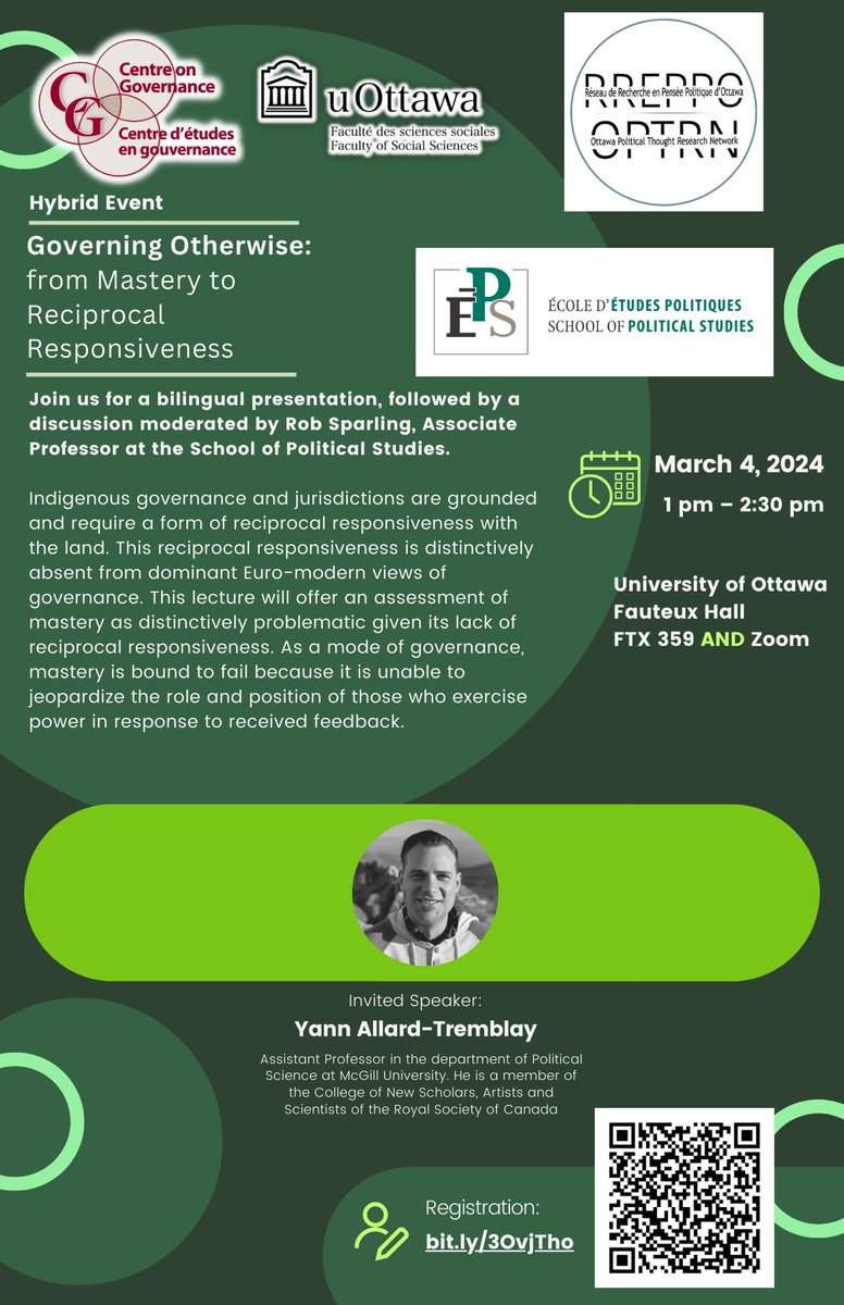 📢 @UOttawaPoliSci, @ceg_cog and the OPTRN invite you to attend our hybrid event: 'Governing Otherwise: from Mastery to Reciprocal Responsiveness' with Prof. Yann Allard-Tremblay 📅 March 4th | ⏰ 1pm - 2:30 pm | 📍FTX359 & Zoom Register here: ticketleap.events/tickets/ceg-co…