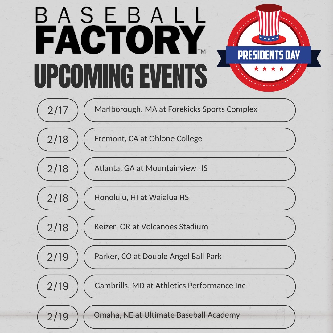 BaseballFactory's tweet photo. ⚾Presidents Day Weekend⚾
8 tryout locations in 8 different cities!
Don't miss your chance to get out to a National Showcase to kick off your Spring season!
Click the link 🔗below to start your journey.
https://t.co/gdWTLrKFqz
#Factoryway https://t.co/ulNHxTqeZU