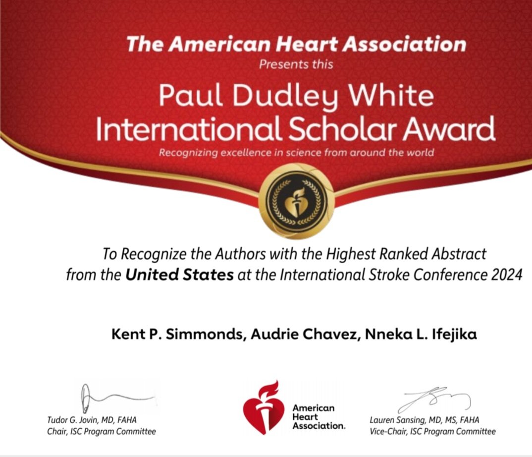 Kent P Simmonds, DO, PhD (@datawhispers) on Twitter photo Honored for back to back Paul Dudley White Awards at #ISC24 for the highest ranked abstract from the United States πΊπΈ!
Congrats to my fellow international award winners! π
<a href="/AHAScience/">AHA Science</a> <a href="/StrokeAHA_ASA/">Stroke AHA/ASA</a> Honored for back to back Paul Dudley White Awards at #ISC24 for the highest ranked abstract from the United States πΊπΈ!
Congrats to my fellow international award winners! π
<a href="/AHAScience/">AHA Science</a> <a href="/StrokeAHA_ASA/">Stroke AHA/ASA</a>