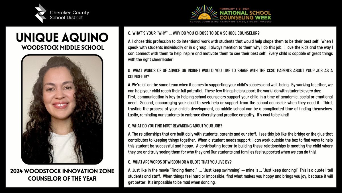 CherokeeSchools's tweet image. It’s National School Counseling Week ... the perfect week to announce CCSD’s 2024 Innovation Zone Counselors of the Year!  Stay tuned this week as we highlight each winner.  Thank you to all CCSD counselors for the impact you make in our community! #CCSDfam #CCSDcares #NSCW2024