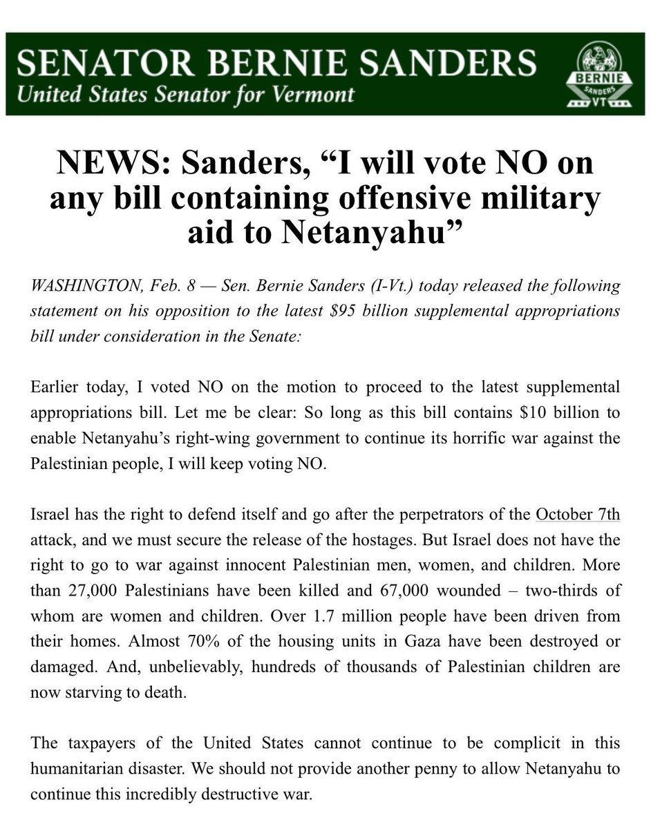 Let me be clear: So long as this bill contains $10 billion to enable Netanyahu’s right-wing government to continue its horrific war against the Palestinian people, I will keep voting NO.