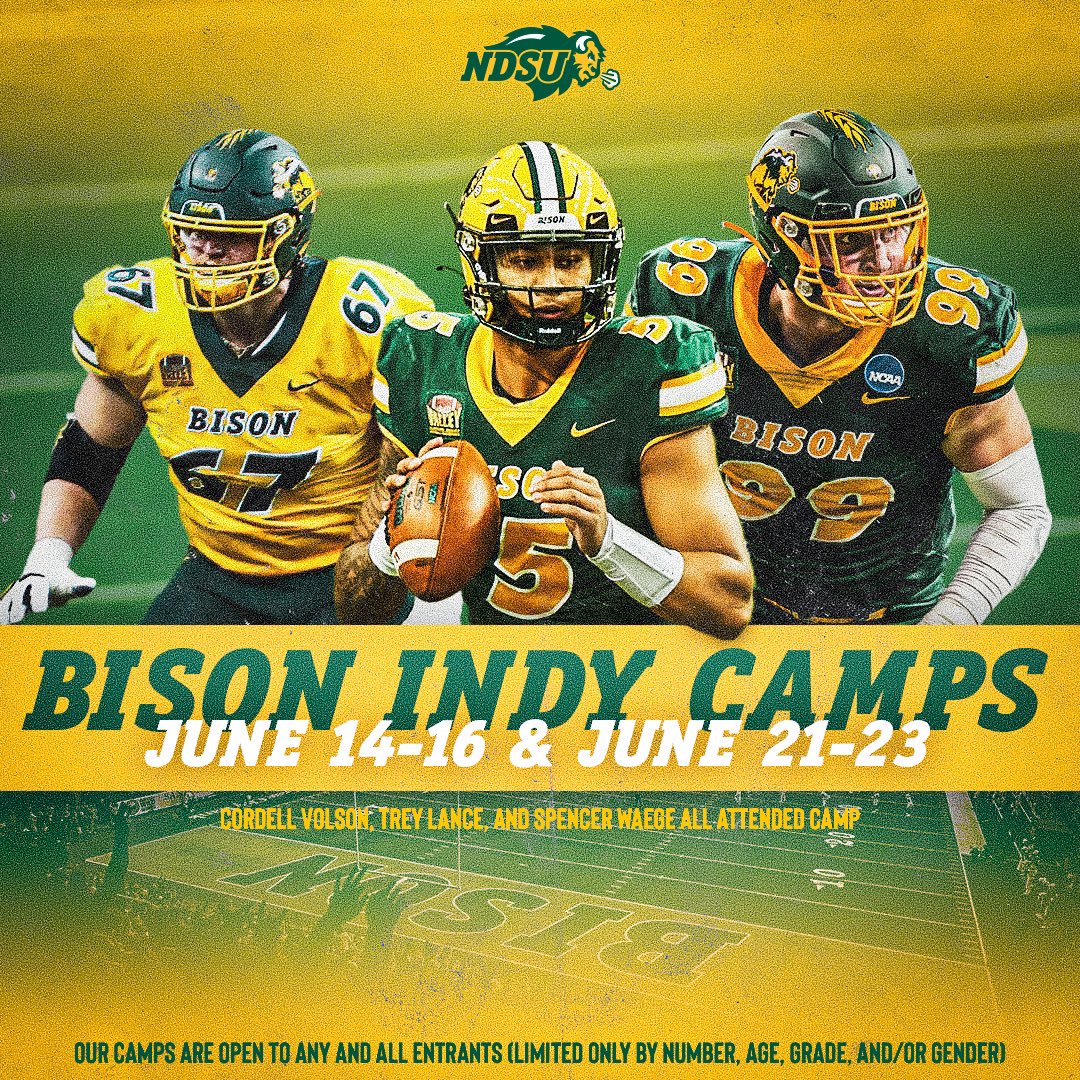 Joe Beschorner (@joebeschorner) on Twitter photo The best way to improve your team is to improve yourself. Come get better at football & get evaluated! 2 opportunities 2 Compete & Improve!
ndsufootballcamps.com/2024-camps.cfm
<a href="/NDSUfbCamp/">NDSU FB Camp</a> The best way to improve your team is to improve yourself. Come get better at football & get evaluated! 2 opportunities 2 Compete & Improve!
ndsufootballcamps.com/2024-camps.cfm
<a href="/NDSUfbCamp/">NDSU FB Camp</a>
