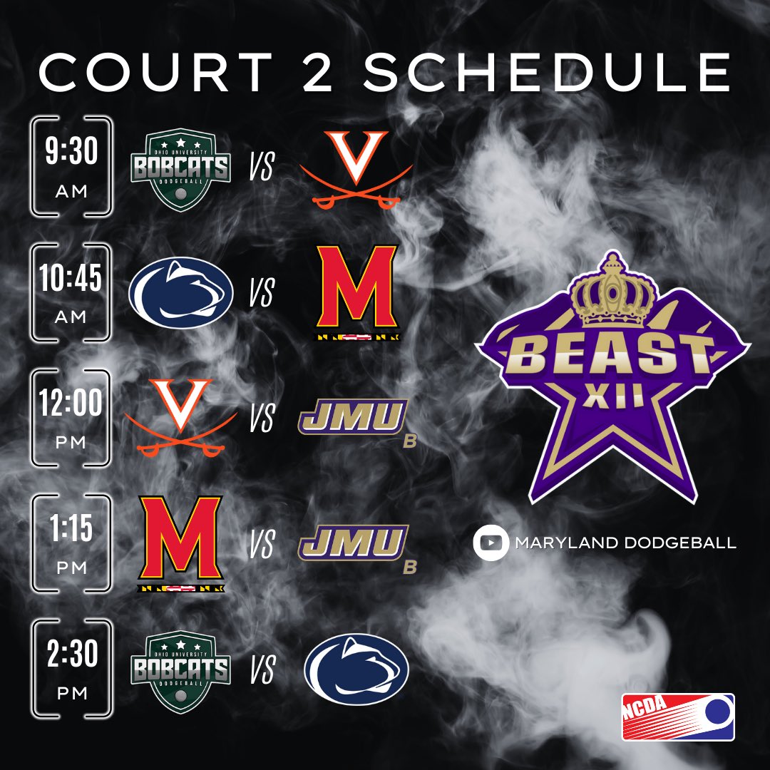 Here is the official schedule for JMU’s BEAST XII. Be sure to check out the preview article on our website now and tune in on Saturday! ncdadodgeball.com/blog/beast-xii…
