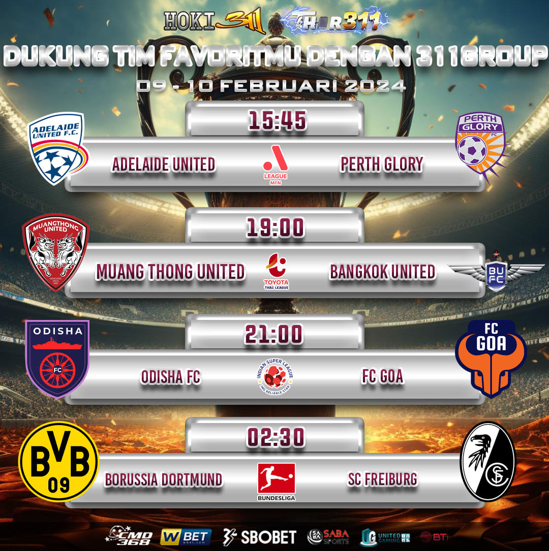 thor311_ofc's tweet photo. 🏆 Jadwal Pertandingan Sepak Bola 09 - 10 Februari 2024 🏆 #THOR311 #HOKI311 #311GROUP
⚽️ AUSTRALIA A-LEAGUE
⚽️ THAILAND LEAGUE 1
⚽️ INDIAN SUPER LEAGUE
⚽️ GERMANY-BUNDESLIGA I
⚽️ SPAIN PRIMERA LALIGA
Link Main » https://t.co/NWun6Y0G83 https://t.co/3VbmRIgEqU