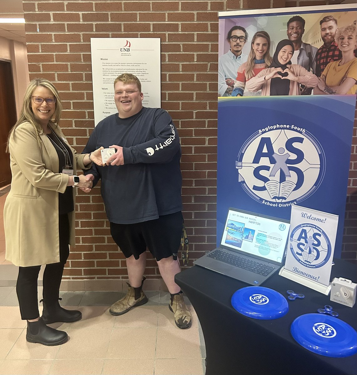kldadams's tweet photo. Congratulations to @StThomasU B.Ed student, Nigel, on winning Beats Studio Buds at the @ASD_South booth at the @UNBFFacultyofEd Career Fair today! #teachinnb #asds https://t.co/HvJXBCRl96