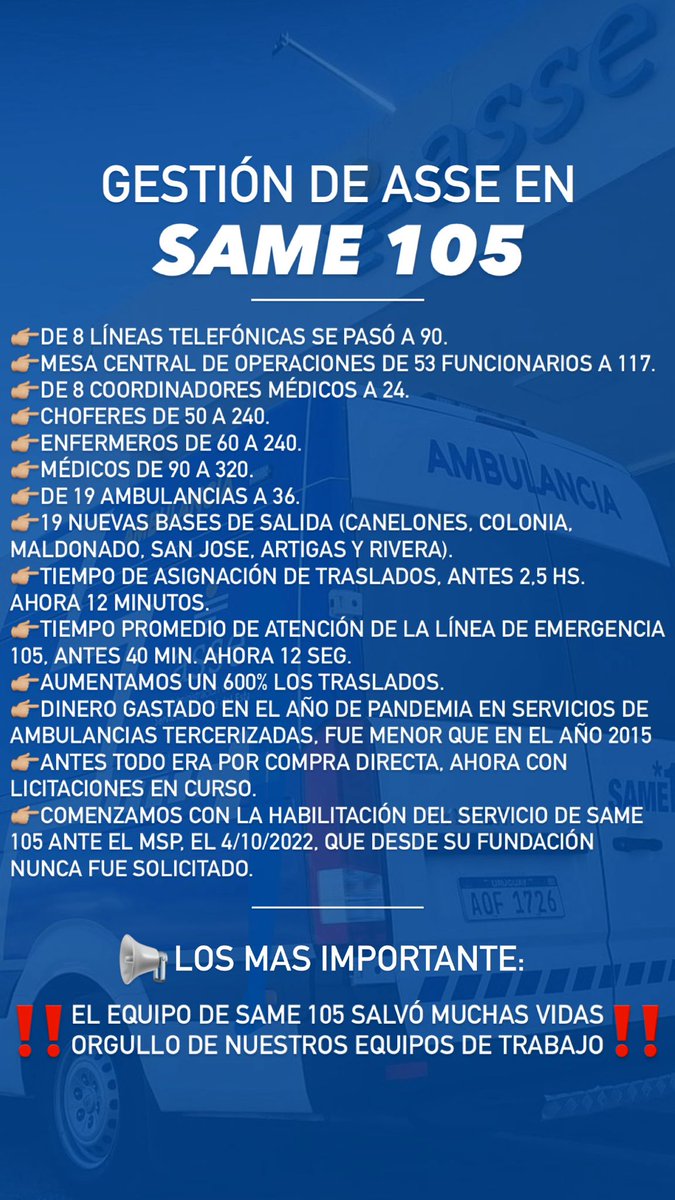 Hechos no palabras !!!
Esto es gestión que mejora la atención de nuestros usuarios y salva vidas.
Sentimientos orgullo del equipo de  SAME 105