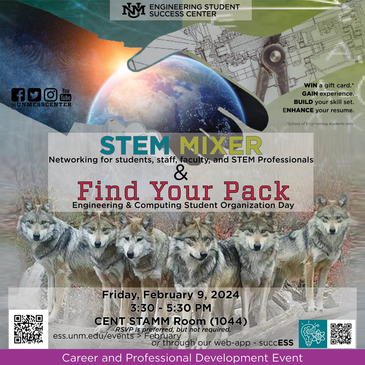 UNMESSCenter's tweet photo. Don't miss the chance to network with fellow students, staff, faculty, and STEM professionals in our STEM Mixer &amp; Find Your Pack Event. 

Happening TOMORROW, Friday February 9th from 3:30PM to 5:30PM in Centennial Engineering Center, STAMM Room (1044).
#STEMeducation https://t.co/I9Gr2fuPjp