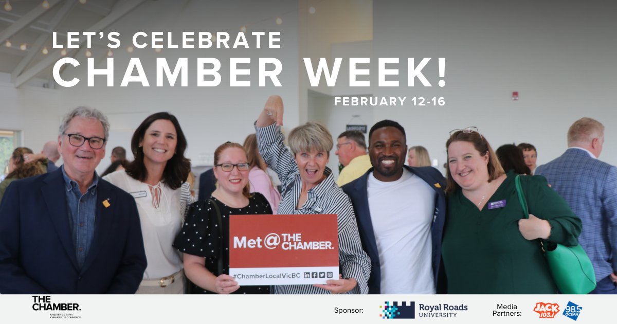 ChamberVictoria's tweet photo. February 12-16, 2024 is #ChamberWeek!🥳

Learn about the benefits of being a Chamber member at https://t.co/YqIVheTReY

Thank you to our Chamber Week sponsor @RoyalRoads, and to our media partners @ocean985 and @jack1031vic.

#YYJBiz #YYJEvents #victoriachamber #chambernetwork https://t.co/ySWek8ycYt