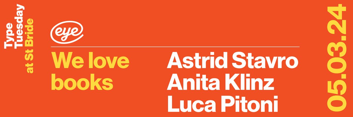 We are delighted to announce that the next <a href="/eyemagazine/">Eye magazine</a> #TypeTuesday event will be held on 5 March. 

Join <a href="/AstridStavro/">Astrid Stavro</a> <a href="/LucaPitoni/">Luca Pitoni</a> for an evening celebrating books and book design and the career of the Anita Klinz, ‘the first Italian art director’. 

🎟️bit.ly/We_Love_Books