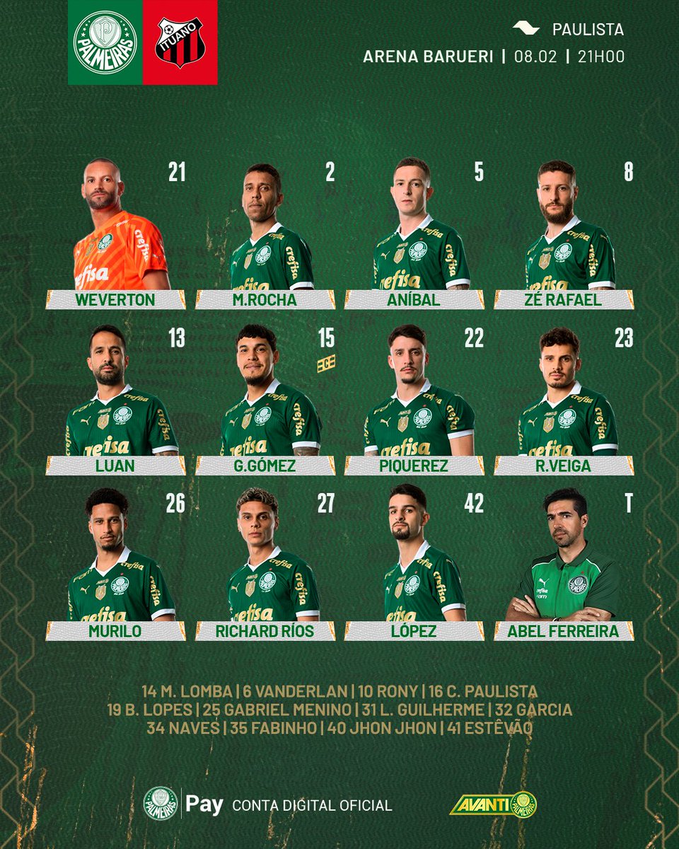 Palmeiras's tweet photo. Verdão escalado! 🟢🐷

#AvantiPalestra #PALxITU https://t.co/7Aq46gfy1a