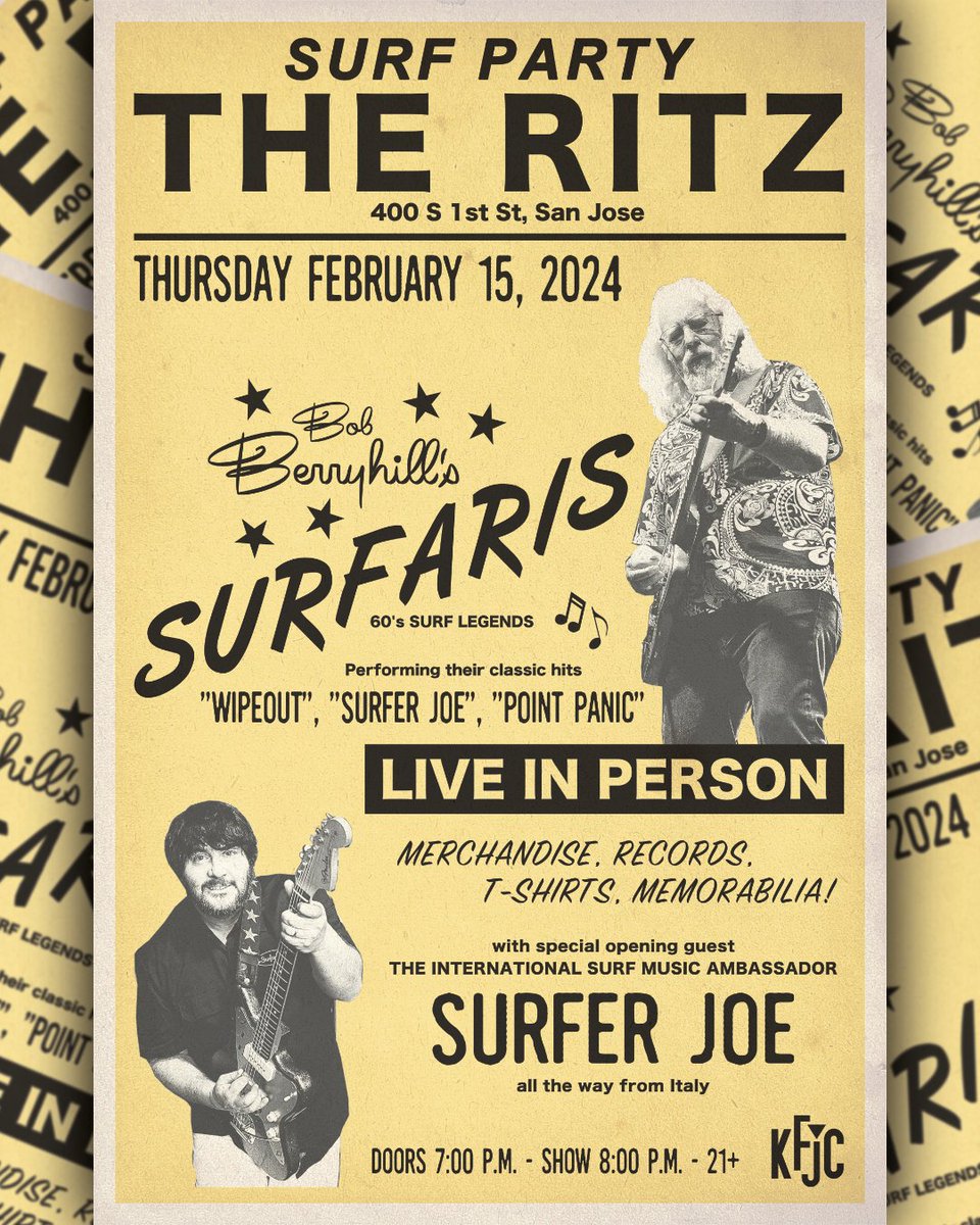 TheRitzSJ's tweet photo. 🌊 THE SURFARIS 🌊
Next week! With special guest Surfer Joe! Tickets on sale now!
Thursday // 02.15.24 // 7PM // 21+
🎫 https://t.co/Nhy6CxlxiM 🎫
🏷️ #surfparty #surfaris @thesurfaris63 #surferjoe @surferjoe_ #surf #surfrock #theritzsj #sanjose #dtsj #sofadistrict https://t.co/7QQoDqc33R