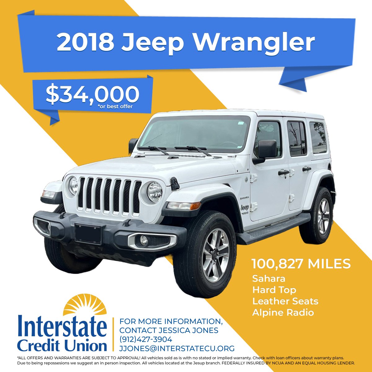 Learn the “Jeep Wave” in this 2018 Jeep Wrangler we’ve got for sale! For more information, contact Jessica Jones (912)427-3904.

To view more repos for sale, visit our website: bit.ly/43scMLN 

#InterstateCreditUnion #InterstateCU #BetterBanking