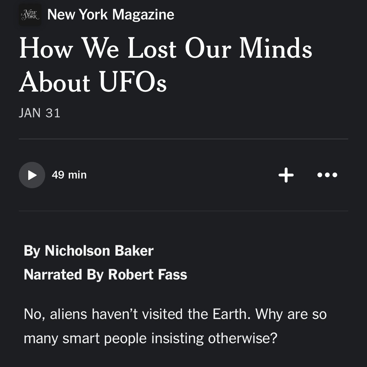 Calling All Saucerheads! This @NYMag article by acclaimed author @nicholsonbaker8 just dropped on the @NYTAudioApp ... in which he does some serious debunking of #Roswell, #Area51, and a lot of other #UFO legends and lore I really enjoyed narrating this one! 🛸👽🛸👾👾👾