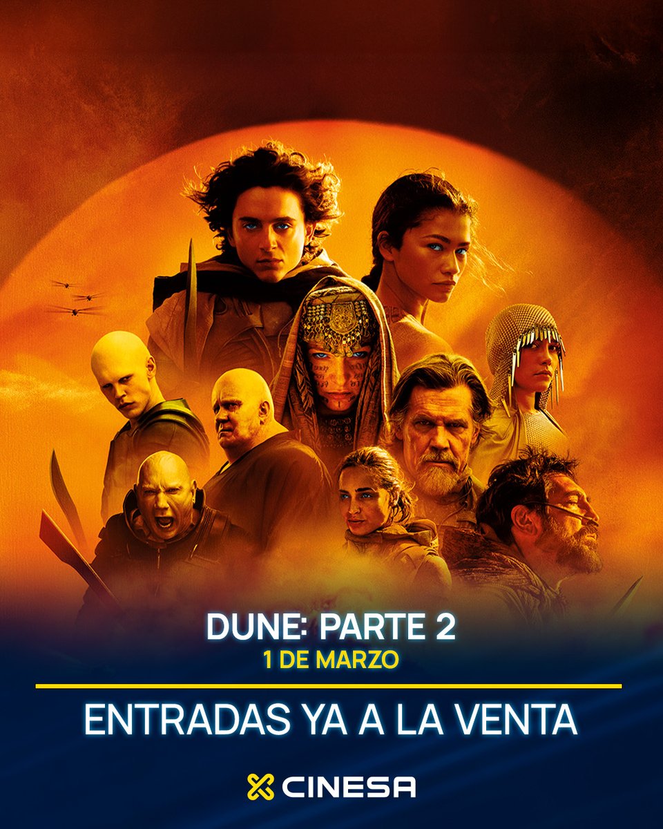 Cinesa's tweet photo. No te pierdas Dune II en la gran pantalla☀️
Si compras la entrada online, podrás ahorrarte 1€ por entrada y hacerte con un póster de la película Dune II y un mini póster coleccionable de Dune I (hasta agotar existencias).
👉 Compra aquí https://t.co/ovORYD2iTy
#DuneII https://t.co/NQYlUJHBQz