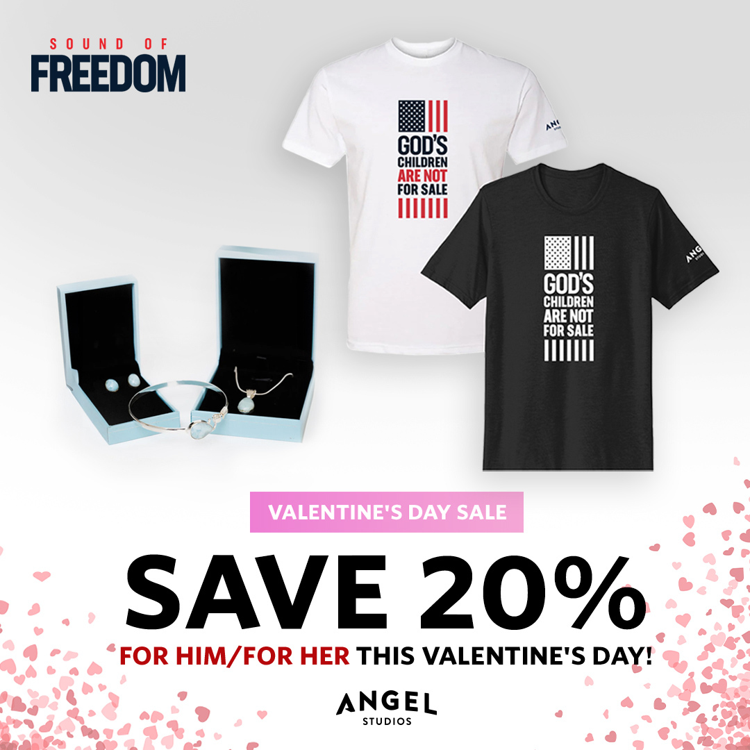 Spread love and hope this Valentine's Day with 20% off gifts for him and for her. Shop now at shop.angel.com/pages/2-million #SoundofFreedom #AngelStudios #ValentinesDay