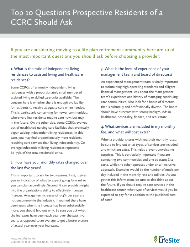 my_lifesite's tweet image. There are a lot of important questions to ask when evaluating a #CCRC / #lifeplancommunity. Download our FREE guide with 10 questions to ask about a CCRC to help give you a head start in your #retirementcommunity research. hubs.la/Q02kmdWl0 #retirementplanning #seniorliving