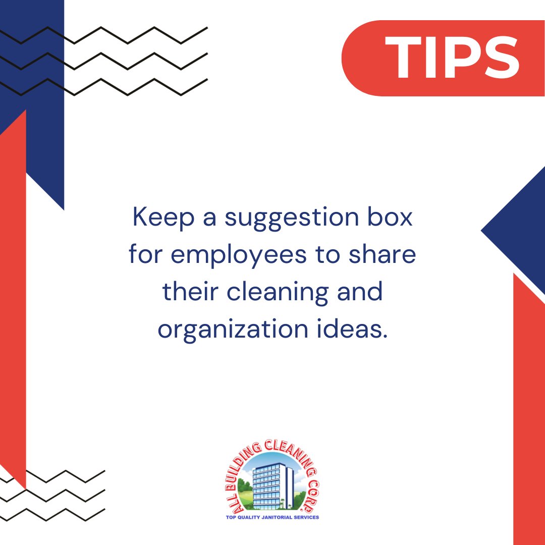 MiamiDadeClean's tweet image. Keep a suggestion box for employees to share their cleaning and organization ideas.

#officecleaningadvice #cleaningprotips #janitorialsolutions