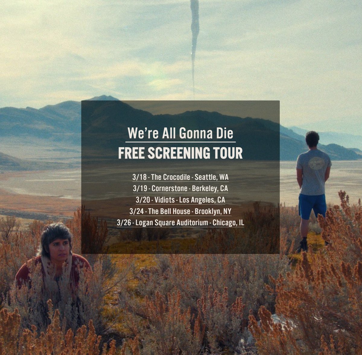 We’re doing something a bit unusual after our World Premiere at SXSW - we’re taking our movie WE’RE ALL GONNA DIE on a little free screening tour! Free tickets at wereallgonnadie.mov