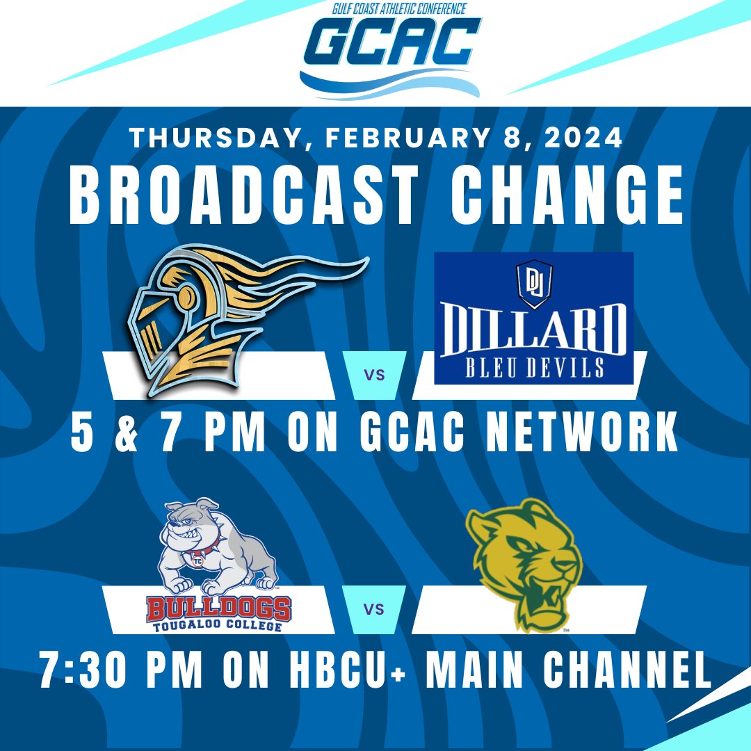 HBCUAC's tweet photo. Update to our Broadcast Schedule!
Tune in!
#GCACSports #HBCUPlus #OneGCAC https://t.co/1fvM77Lyj9