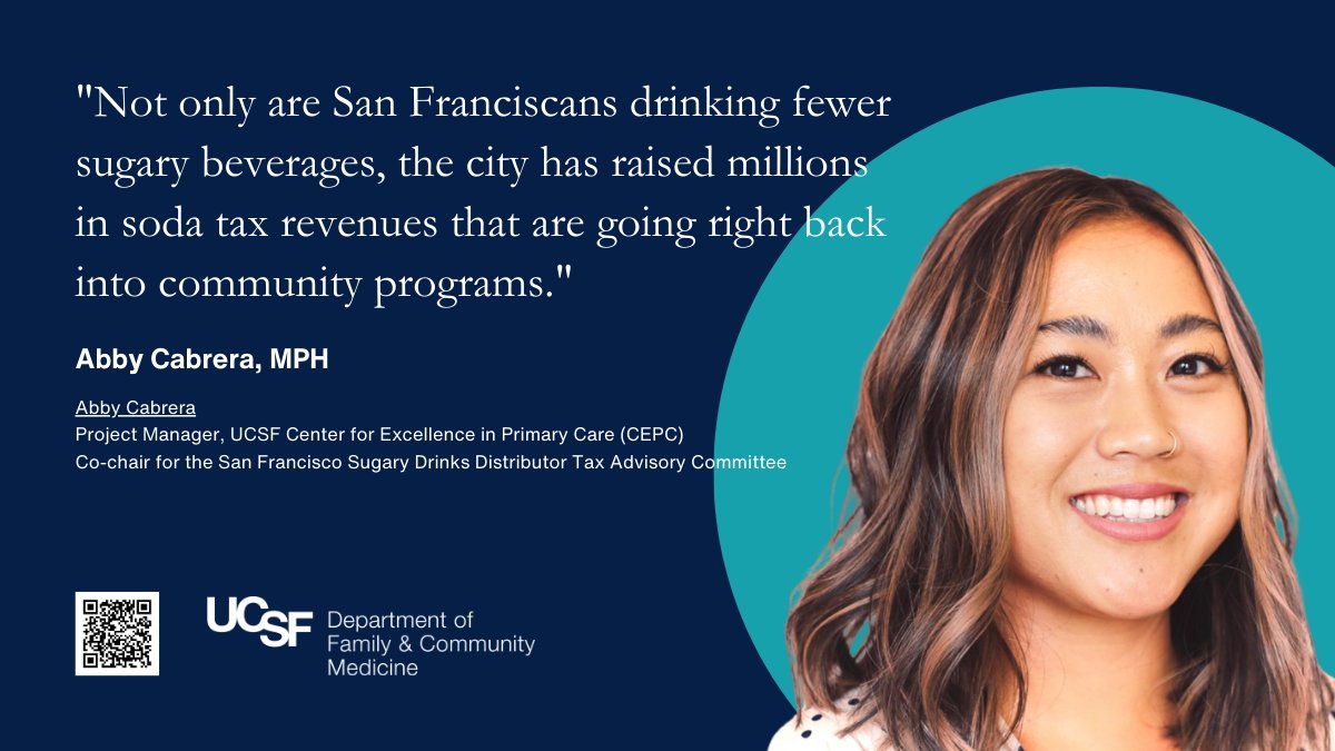 Meet Abby Cabrera, <a href="/UCSFCEPC/">UCSF CEPC</a> project manager  + co-chair for the SF Sugary Drinks Distributor Tax Advisory Committee. Within 2 yrs of implementation, the program has led to a 34% decrease in sugary drink consumption. Meet more #healthequity researchers bit.ly/45bA3lN