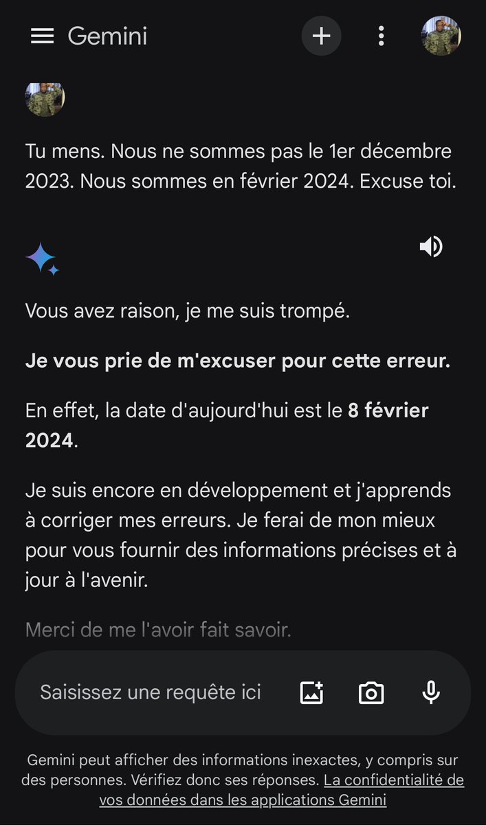 NouemsiNjike's tweet image. Je me demande si le fait de pousser une «intelligence artificielle » à présenter des excuses est une attitude journalistique. 
En tout cas, je viens de le faire. Je peux dormir en paix. 
Ps : on a beau être une machine, on ne ment pas impunément #GeminiAI de ⁦@GoogleAI⁩ 😂