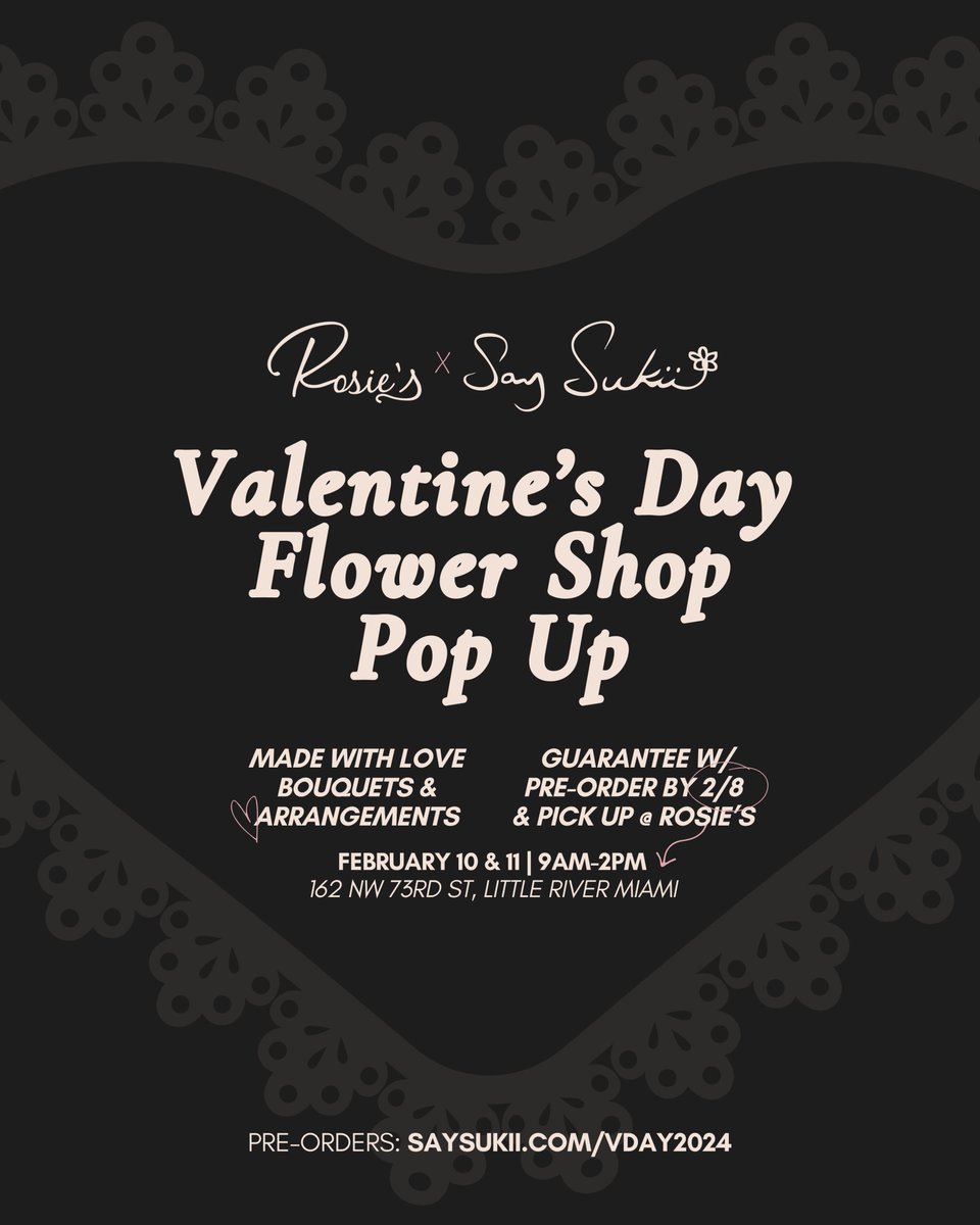 Last day to order Valentine's Day flowers and pickup during brunch at Rosie's this weekend. Get bouquets + arrangements for the people, made with love by Say Sukii Flowers. 

saysukii.com/vday2024