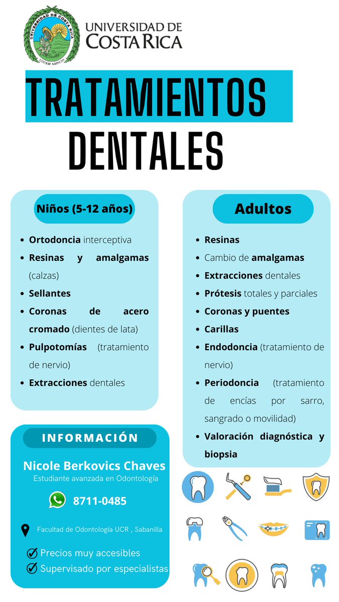 NicoleBerkovics's tweet photo. Hola! Atendiendo pacientes en la UCR, acá les dejo la info de los procedimientos y son a PRECIOS MUY ACCESIBLES. Cualquier consulta al 8711-0485 y con mucho gusto les ayudo. Les agradecería si lo pueden compartir.🦷💙 https://t.co/rBkdA6hxtl