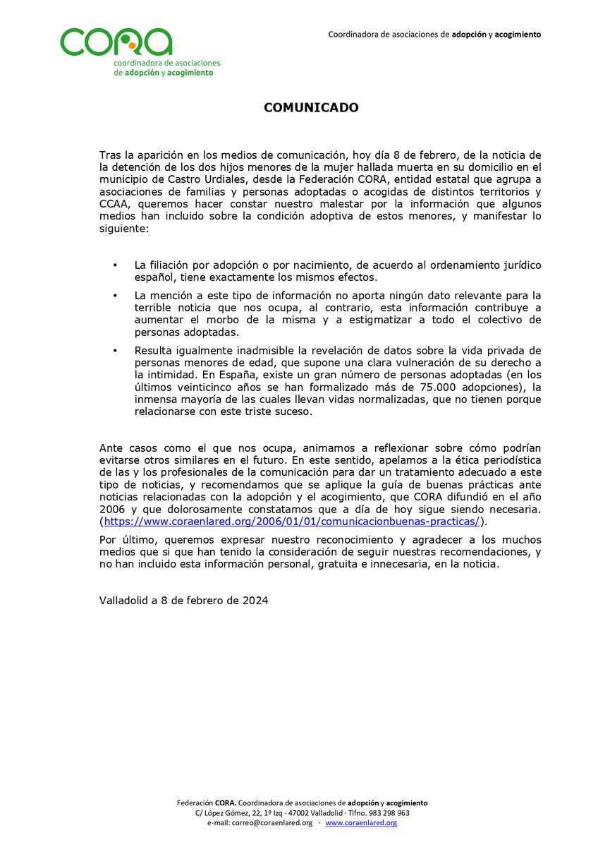 Con motivo de la lamentable noticia del asesinato de una madre por sus dos hijos en Castro Urdiales, desde CORA hemos emitido el siguiente comunicado a los medios de comunicación, para no estigmatizar al colectivo de personas adoptadas.
coraenlared.org/comunicados/