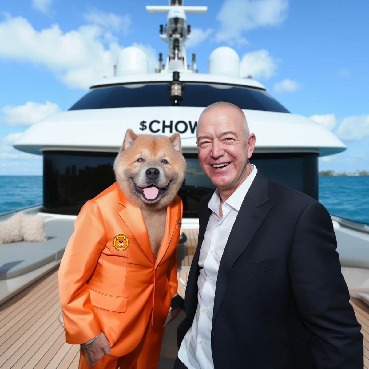 ChowChowerc20's tweet photo. Snapped a quick selfie with @jeffbezos during our yacht meeting.

Had a fantastic meal and discussed his ex-wife.

He got a bit emotional, then splurged on more $CHOW.
#ChowArmy
$Doge $SHIB $Pepe
#amazon #bezos #chow #shib https://t.co/sWaQlve0UP