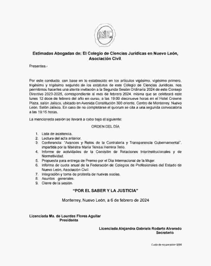 Estimadas socias, se les convoca a la segunda sesión ordinaria del <a href="/ccjnlac/">Colegio de Ciencias Jurídicas en Nuevo León</a>, que tendrá lugar el lunes 12 de febrero a las 19:00 hrs. Su asistencia es muy importante. ¡Las esperamos!