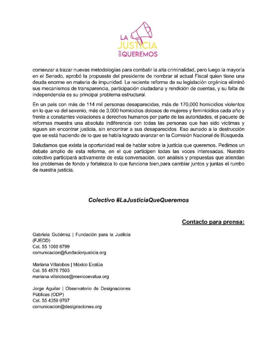 👉🏽Ante los desafíos de fondo de la justicia mexicana ⚖️, pedimos un debate amplio de esta reforma, en el que participen todas las voces interesadas 🙋‍♂️🙋‍♀️
#Reformas #LaJusticiaQueQueremos 

#Comunicado👇