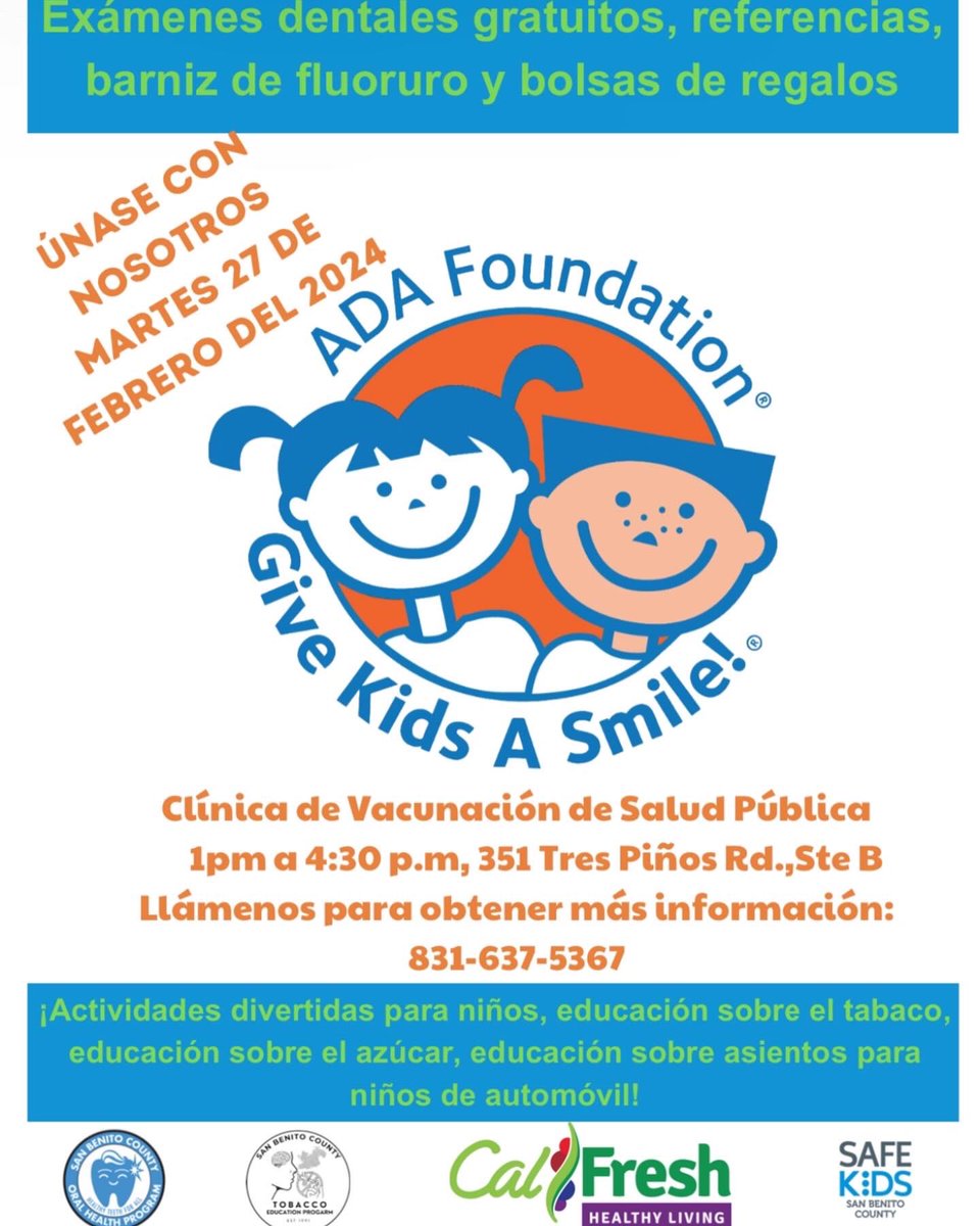 First5SanBenito's tweet photo. Free Dental Screenings! February 27th , 2024! Please see flyer for more information! 
.
.
Exámenes dentales gratuitos! Febrero 27, 2024! ¡Por favor, consulte el folleto para obtener más información!
.
.
#Hollistercalifornia #SanBenitoCounty #Condadodesanbenito https://t.co/6hX7d8kB30