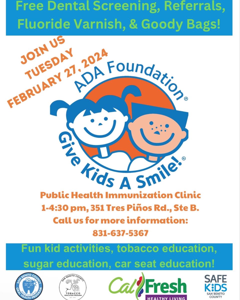 First5SanBenito's tweet photo. Free Dental Screenings! February 27th , 2024! Please see flyer for more information! 
.
.
Exámenes dentales gratuitos! Febrero 27, 2024! ¡Por favor, consulte el folleto para obtener más información!
.
.
#Hollistercalifornia #SanBenitoCounty #Condadodesanbenito https://t.co/6hX7d8kB30