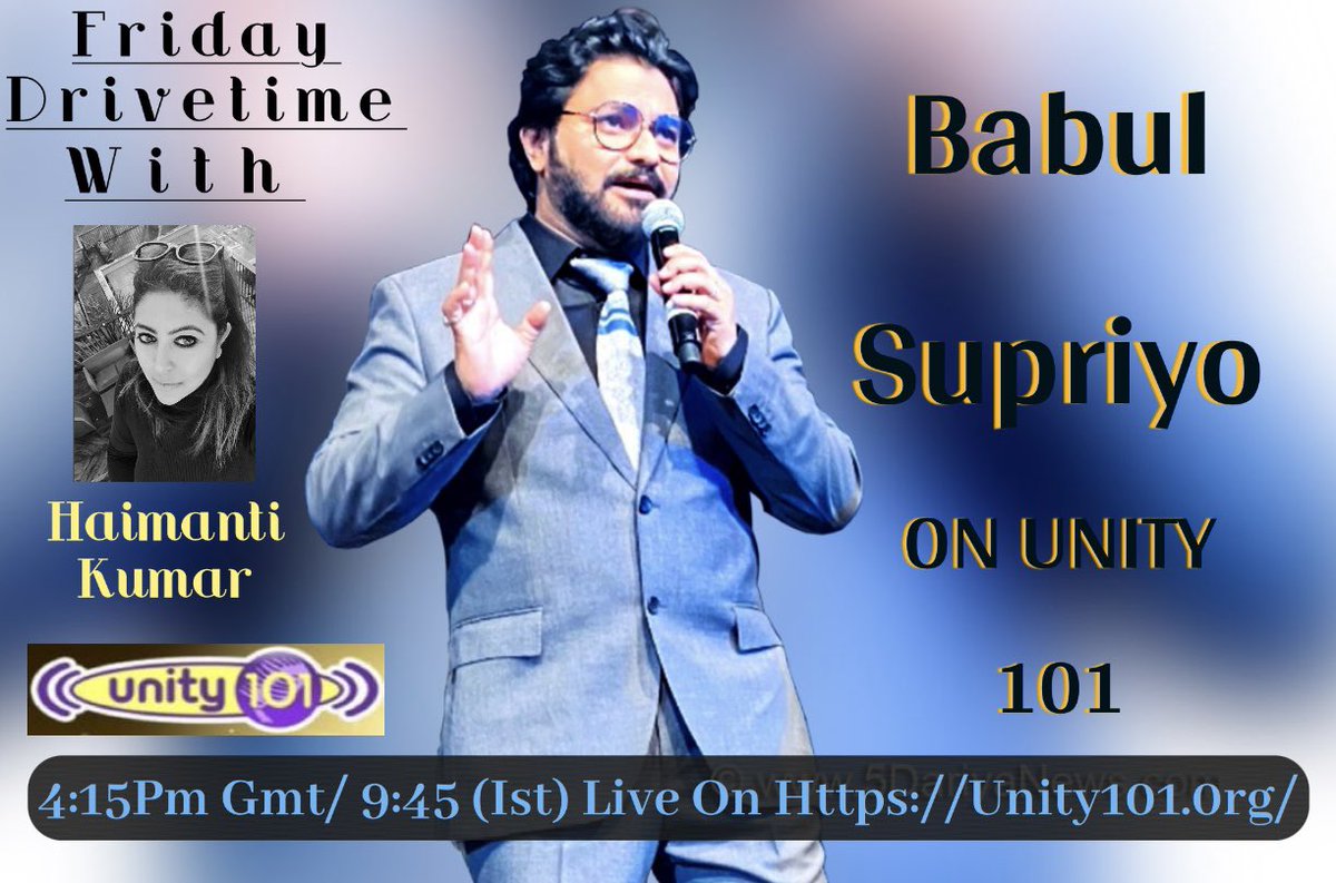 Indian playback singer, actor and politician known for his soulful voice, @SuPriyoBabul will be joining us tomorrow on @Unity101FM Catch us live at 4:15 pm GMT, 9:45 pm IST on Friday Drivetime. @PiictureNKraft #interviews #rj #radio #Unity101 #bollywood