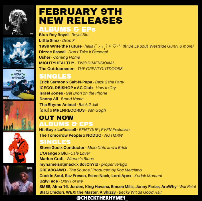 checktherhyme1_'s tweet photo. 🏆🏆 This week's new drops

Blu x Roy Royal
Little Simz
Stove God x Conductor
Usher
Hit-Boy x LaRussell
Marlon Craft
MIGHTYHEALTHY
Erick Sermon x Salt-N-Pepa
ICECOLDBISHOP x AG Club
Dizzee Rascal
The Outdoorsmen
UglyFace
Israel Jones
Tomorrow People x NODUO
L'Orange x Blu
+more https://t.co/SigWmb764f
